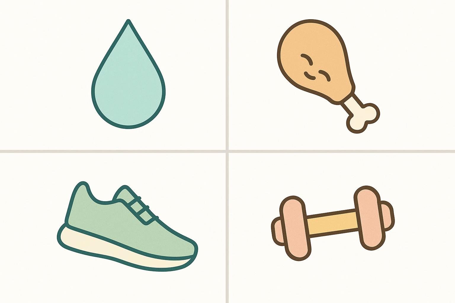 An icon grid showing four key habits for a plan: a water droplet for hydration, a chicken drumstick for protein, a running shoe for steps, and a dumbbell for strength training.