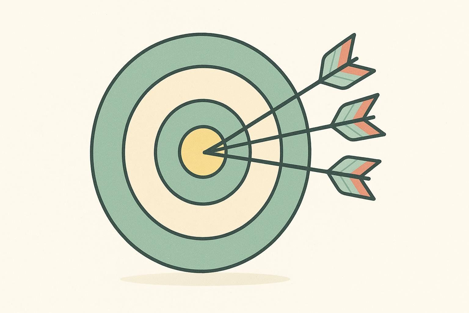 An illustration of a green and cream-colored bullseye target with three arrows perfectly hitting the yellow center, symbolizing accuracy and achievement.