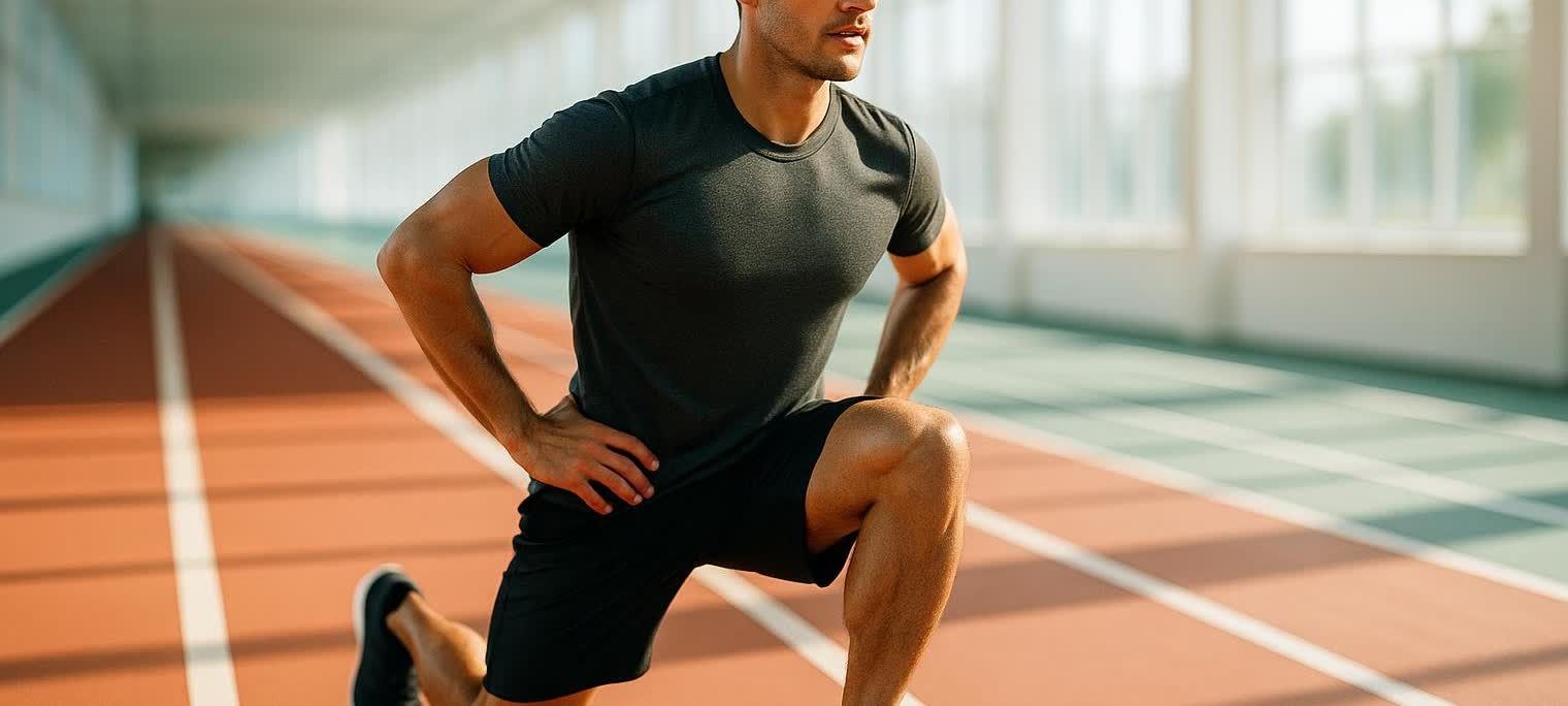A man in dark athletic wear performs a walking lunge on an indoor running track with red and green lanes, as part of a dynamic warm-up.