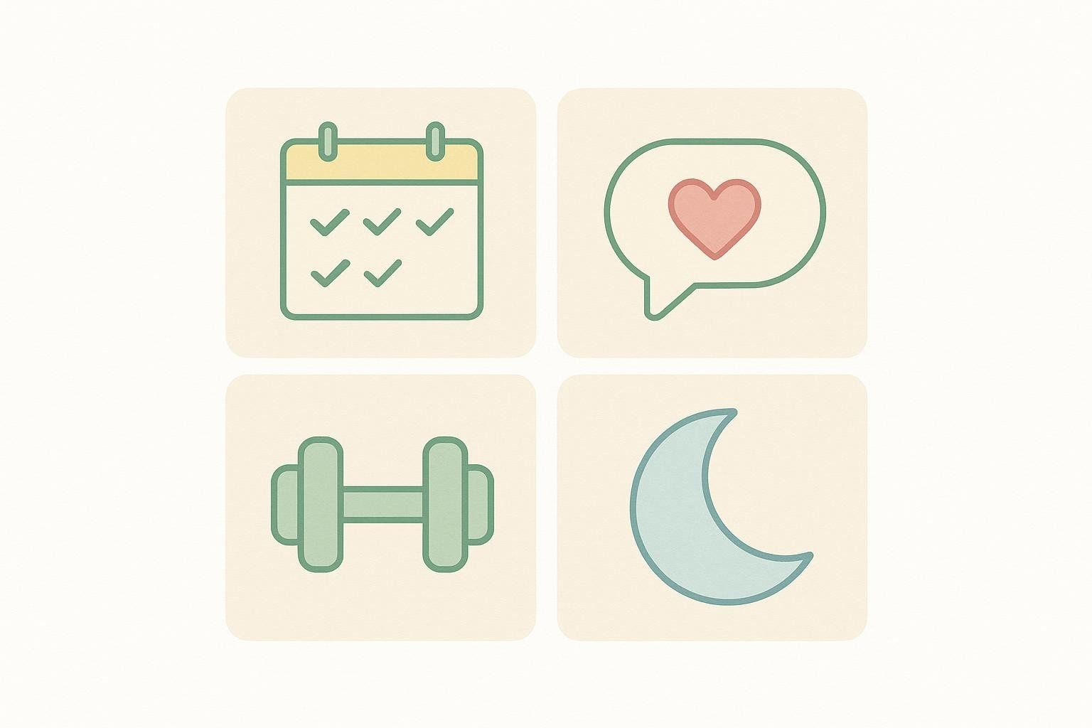 Four icons in a grid representing a CrossFit quick-start plan: consistency, communication, smart scaling, and recovery.