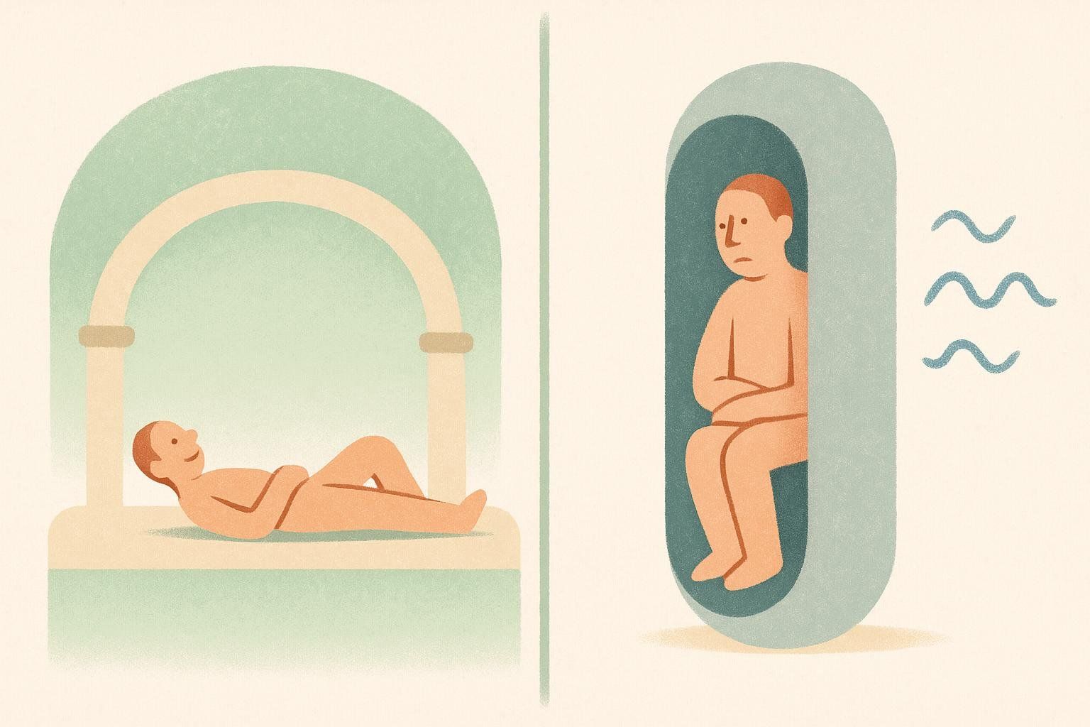 Illustration comparing the comfortable experience of a DEXA scan with a person lying down comfortably versus the enclosed and loud experience of an MRI scan with a person sitting uncomfortably in a confined space.