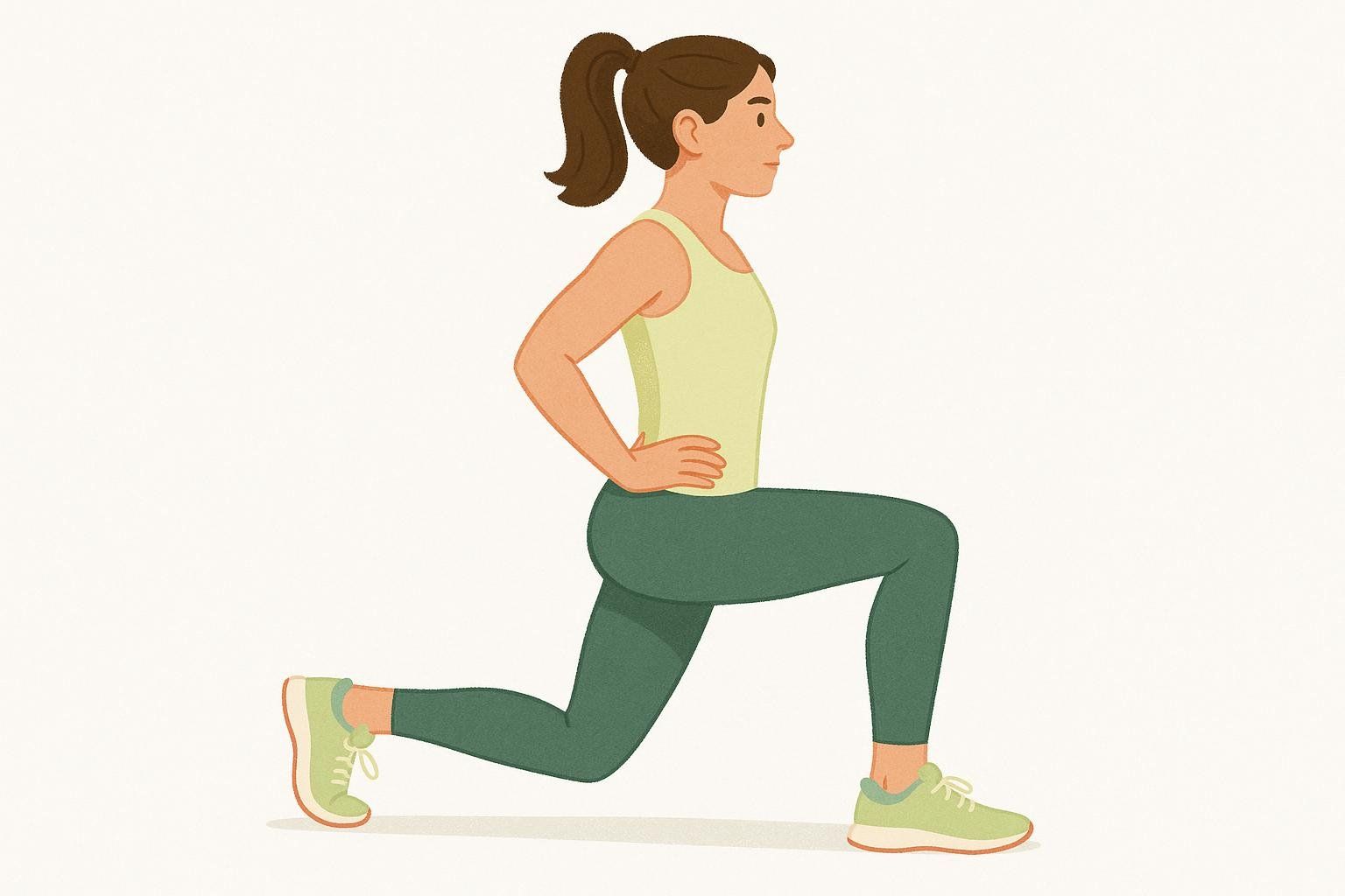 An illustration of a woman performing a reverse lunge with correct form. She is wearing a yellow tank top and green leggings, with hands on her hips, and her front knee is properly aligned over her ankle.