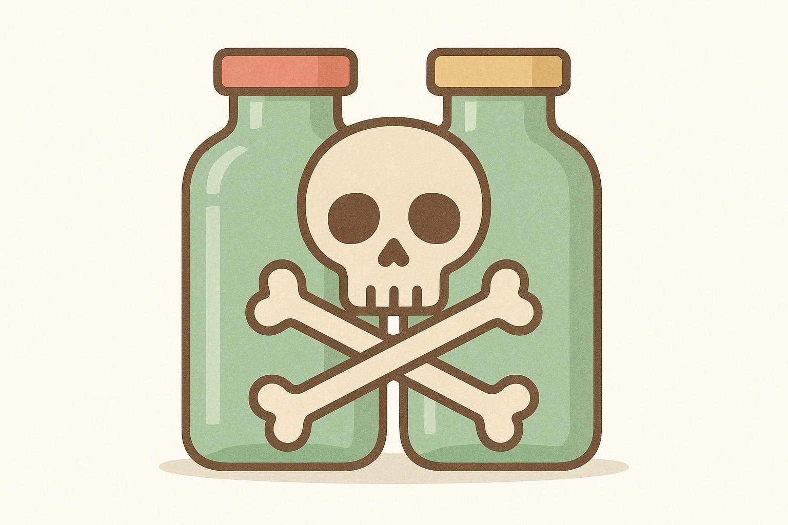 Illustration of two vials with a skull and crossbones, warning about the anti-doping risk of the 'Wolverine Stack'.