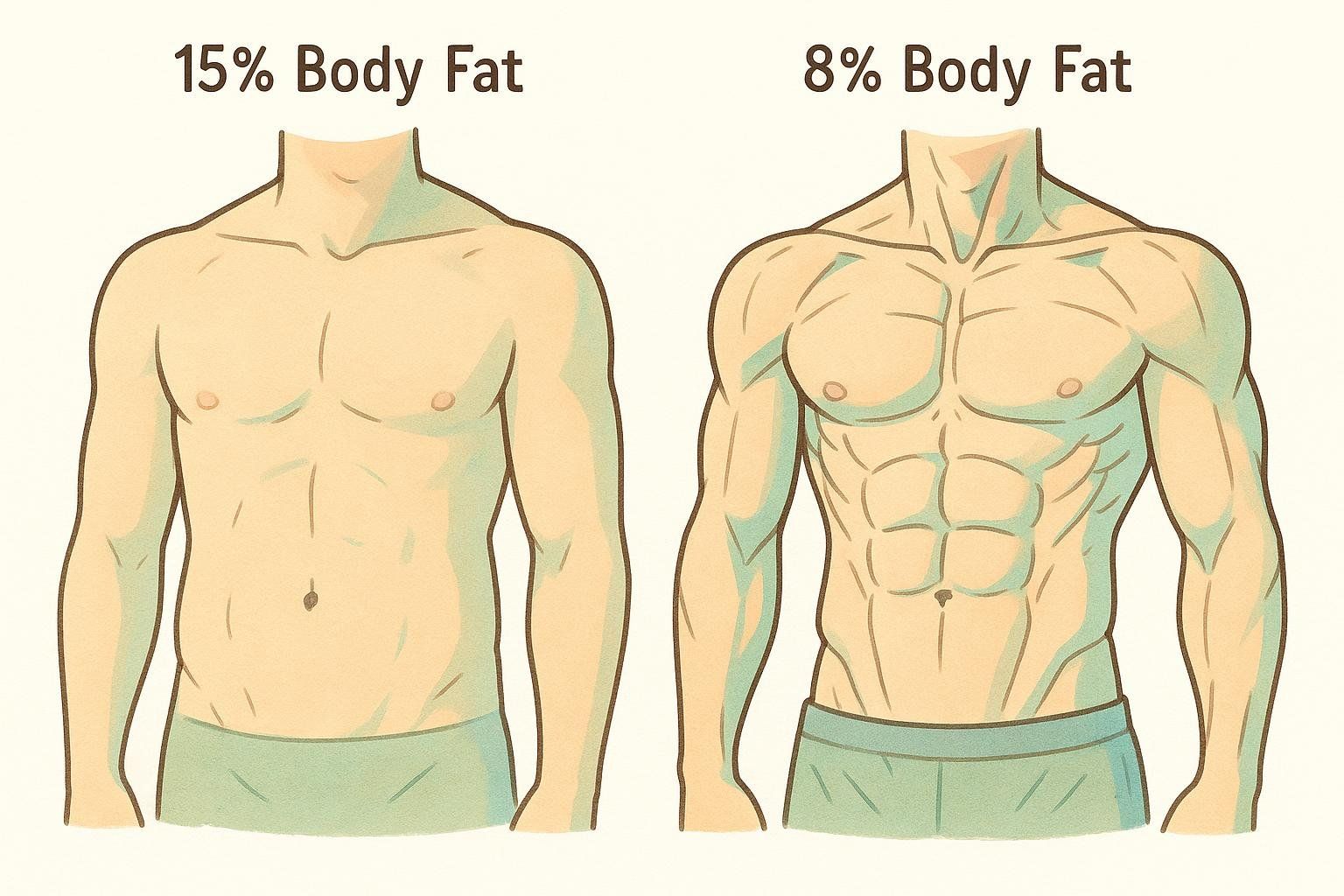 An illustration comparing a male torso at 15% body fat to one at 8% body fat, showing the significant increase in muscle definition and visibility of abdominal muscles at the lower body fat percentage.