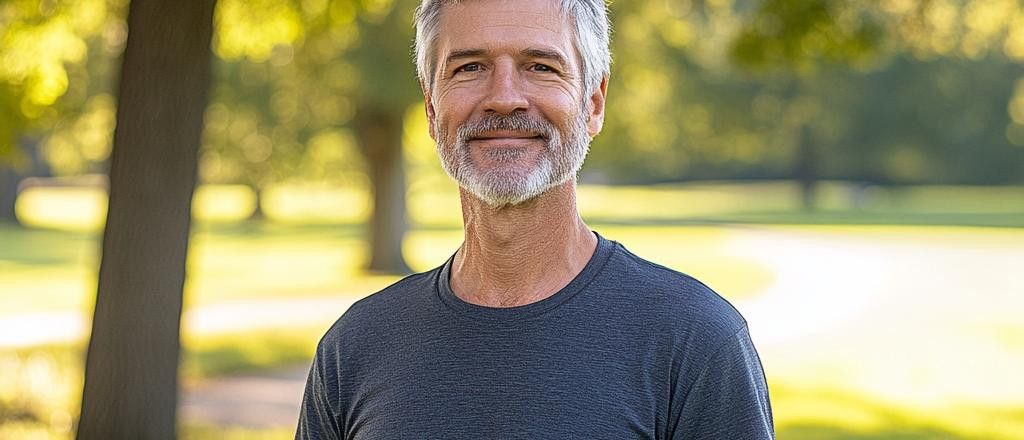 A middle-aged man with gray hair and a beard smiles at the camera while standing in a park.