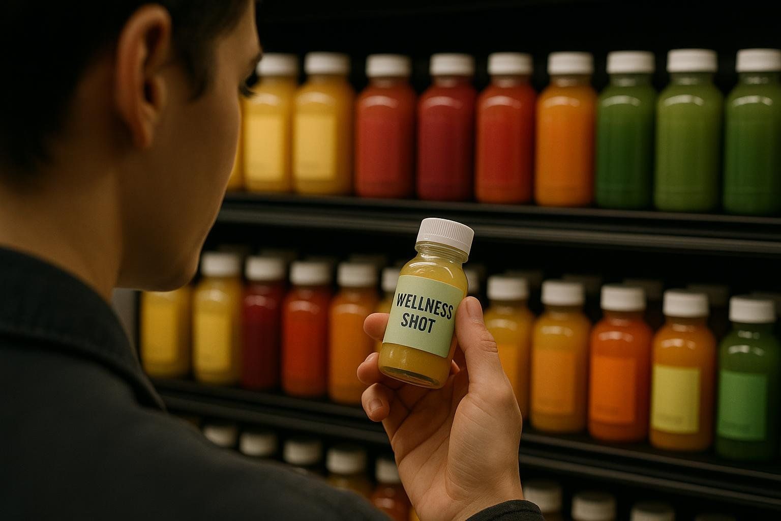A person in a grocery store aisle holds a small bottle labeled 'Wellness Shot' and looks closely at it, with shelves of similar colorful juice bottles blurred in the background.