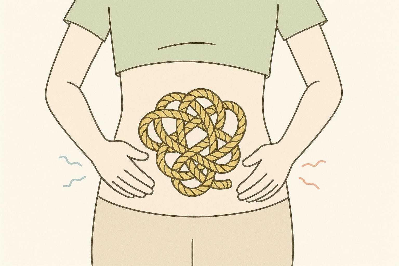 An illustration of a person's torso with a tangled, knotted rope inside their stomach, symbolizing digestive issues like stomachache, cramps, and upset stomach. Blue wavy lines on the left and red wavy lines on the right indicate discomfort.