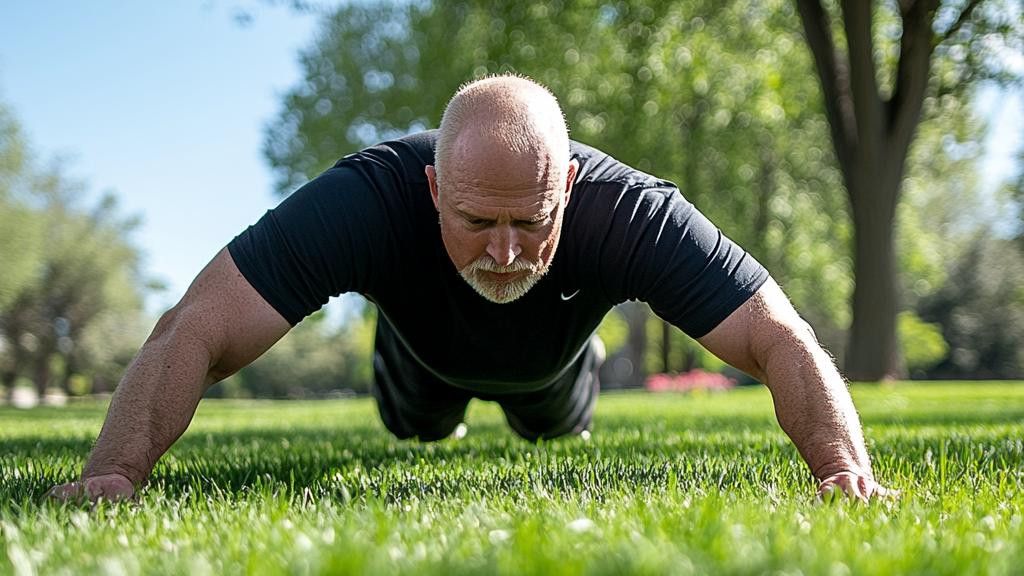 An older man with a beard is doing a pushup on the green grass in a park on a sunny day.