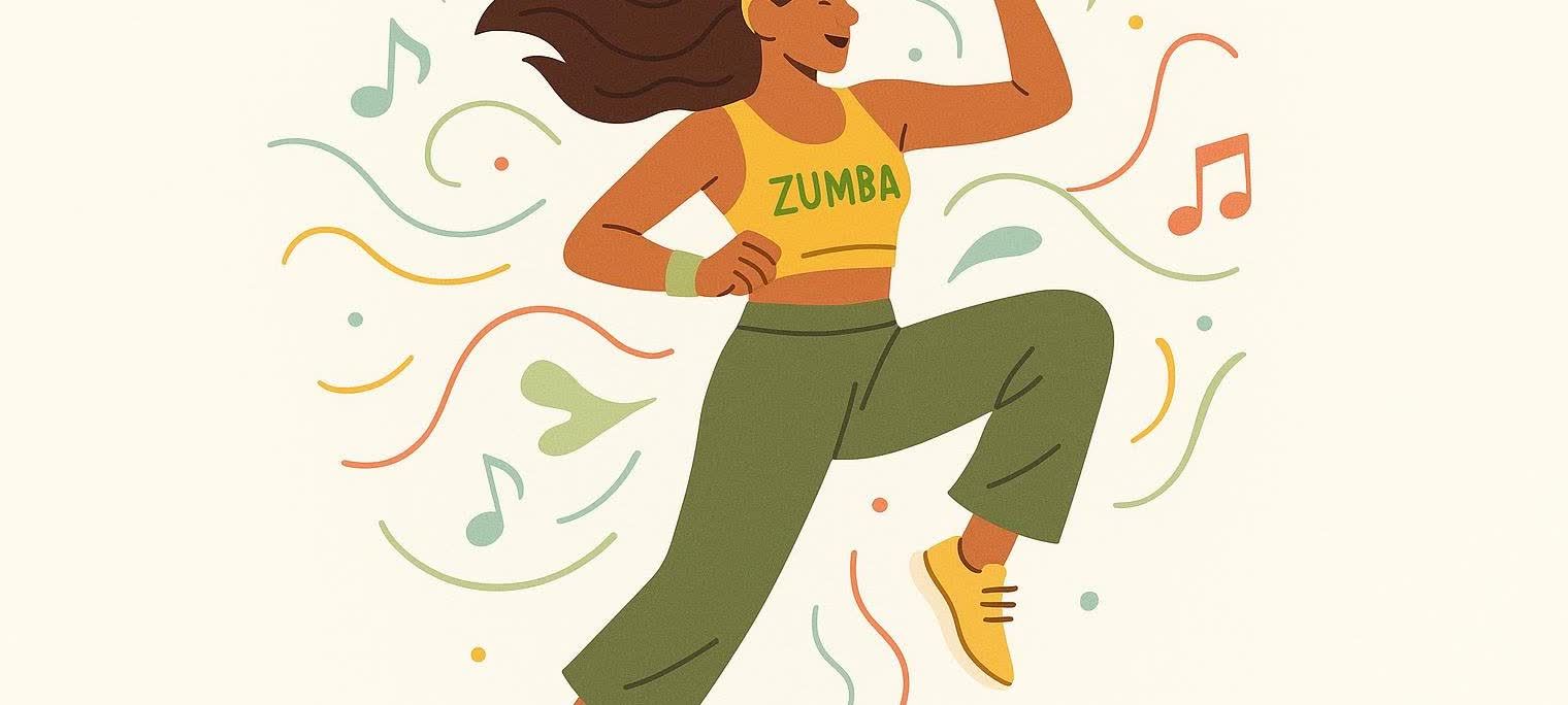 A stylized illustration of a dancer in a dynamic pose, with colorful streaks and musical notes representing the music of Zumba.