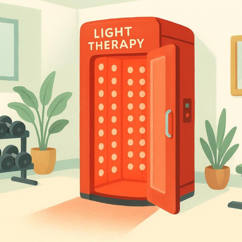 An illustration of a red light therapy booth in a room with plants and weights.