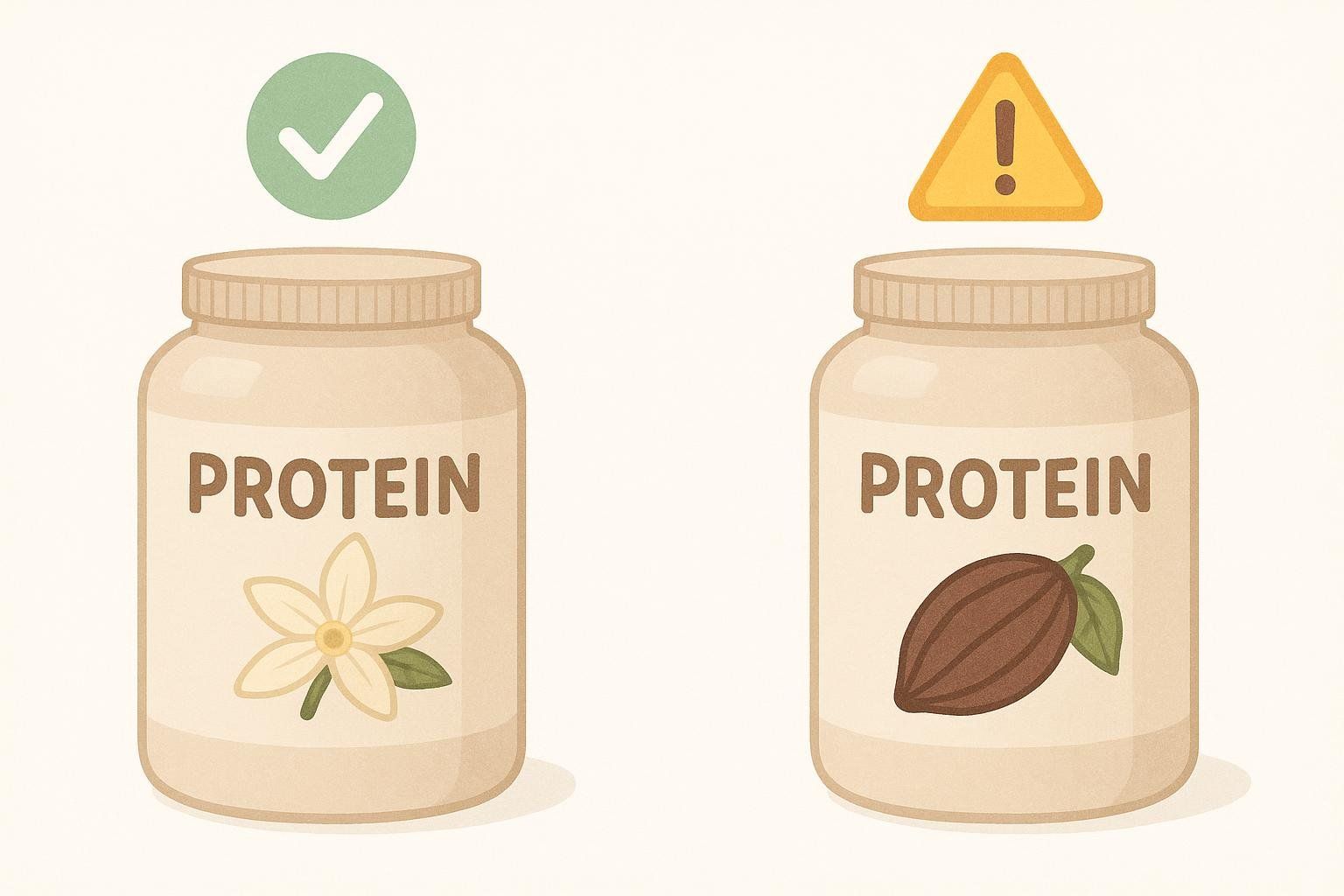 An illustration showing two protein powder containers. The left container, labeled with a vanilla flower, has a green checkmark above it, indicating lower risk. The right container, labeled with a cocoa pod, has a yellow warning triangle above it, indicating higher risk.