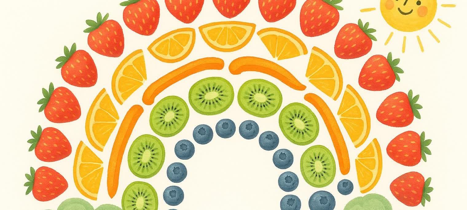 A stylized illustration of a rainbow made from colorful fruits and vegetables, including strawberries, oranges, bananas, kiwi slices, and blueberries. A smiling yellow sun is in the upper right corner.