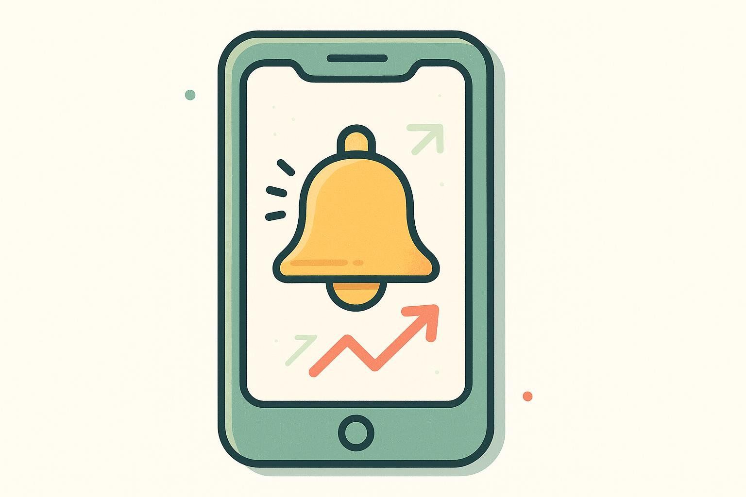 Illustration of a smartphone screen displaying a ringing alarm bell and a red arrow trending upwards, symbolizing growth or improvement.