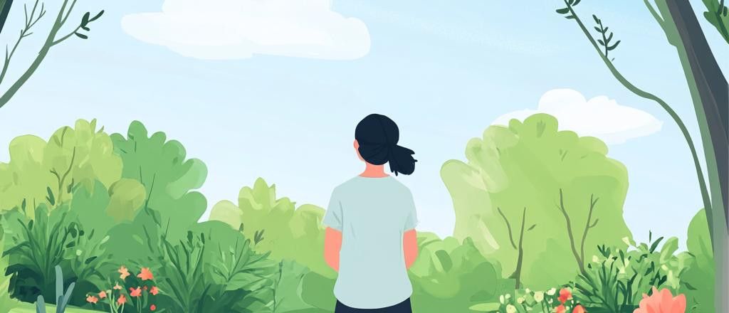 An illustration of a woman from the back looking at a lush green landscape with trees and flowers under a blue sky.