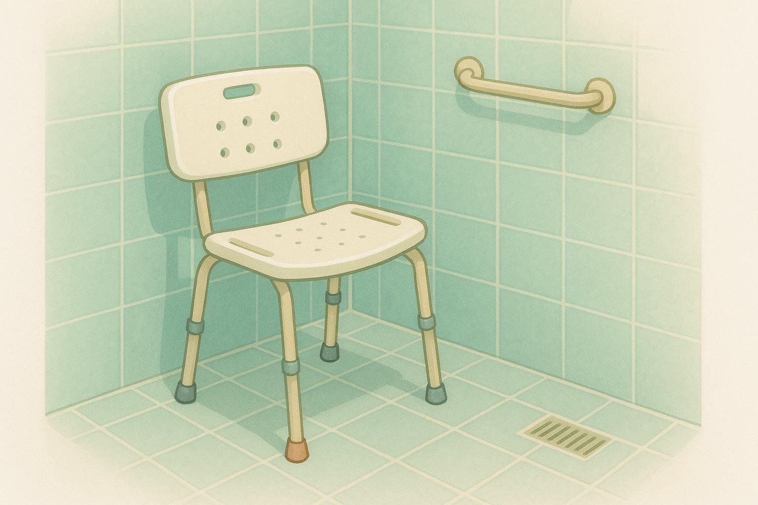 Illustration of a shower chair and a grab bar in a shower with green tiled walls, representing safety for elderly or mobility-impaired individuals.