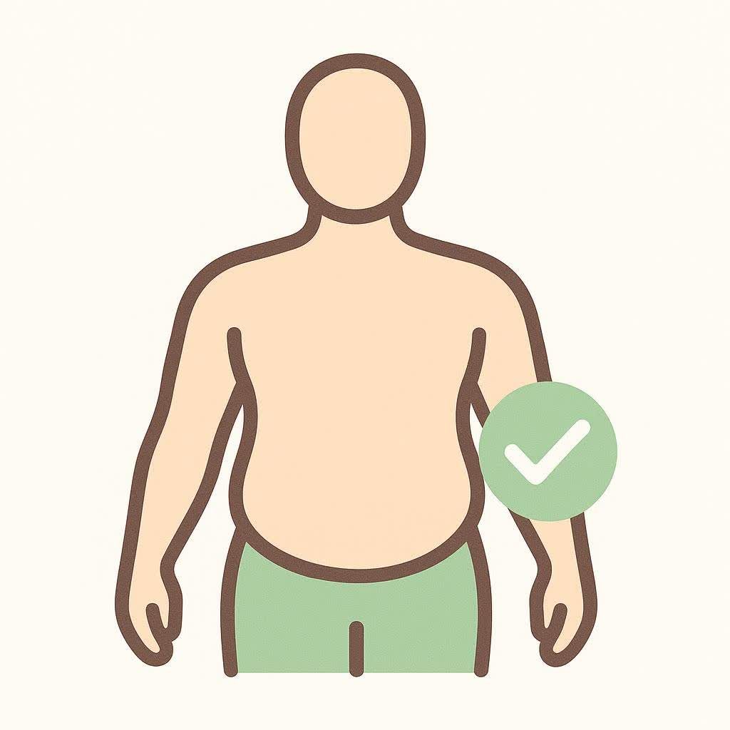 An icon depicting an overweight person with a green circle containing a white checkmark on their side, symbolizing successful body fat management.