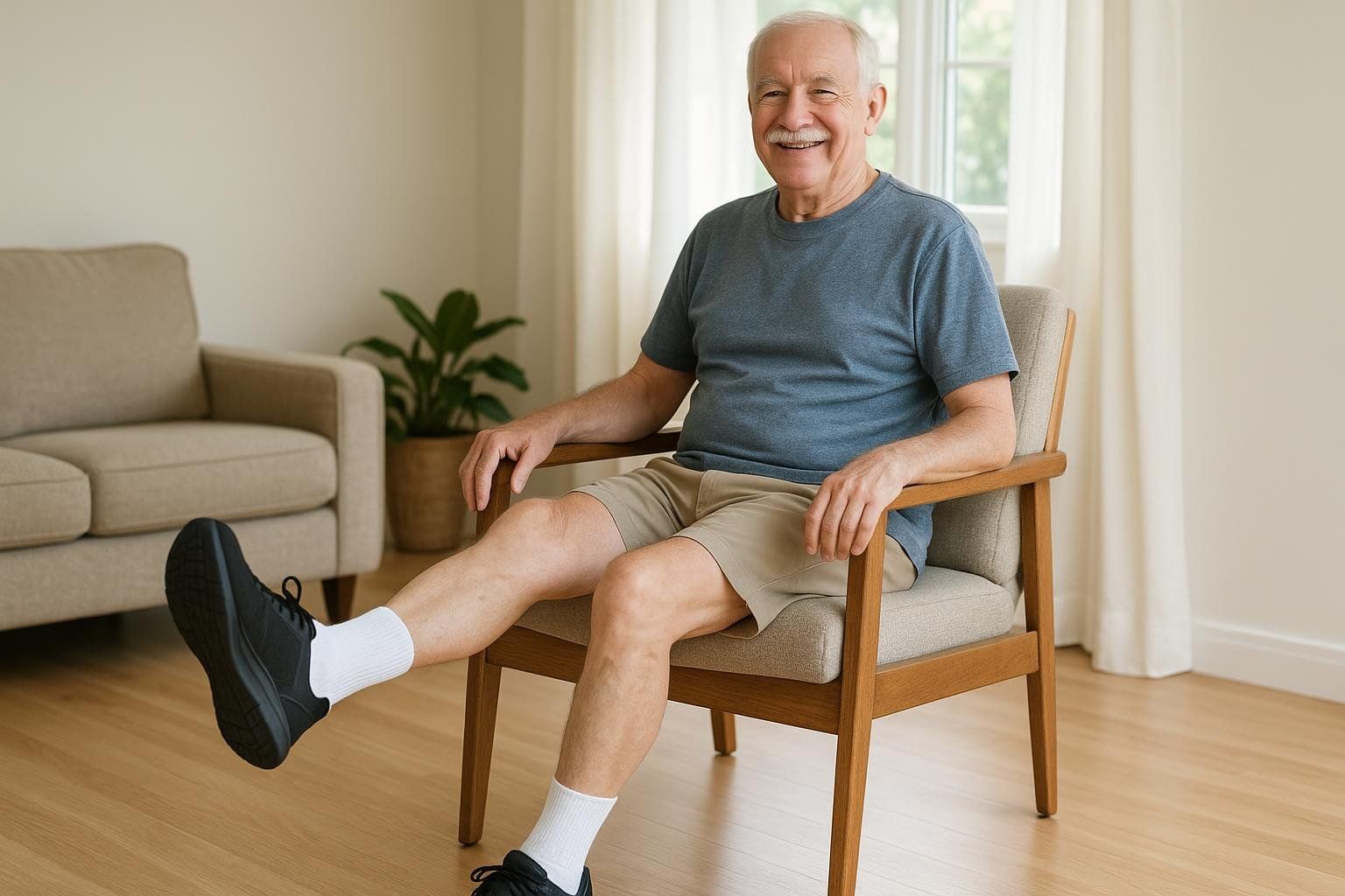 A smiling senior man with a mustache, wearing a blue t-shirt and khaki shorts, performs a seated knee extension exercise in a modern living room.