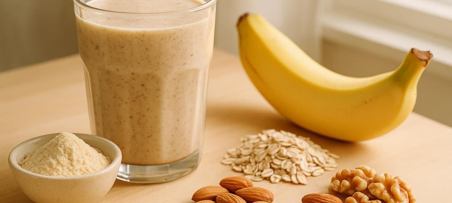 A healthy, high-calorie smoothie in a glass, surrounded by its ingredients like protein powder, oats, almonds, walnuts, and a banana. This smoothie is ideal for weight gain.