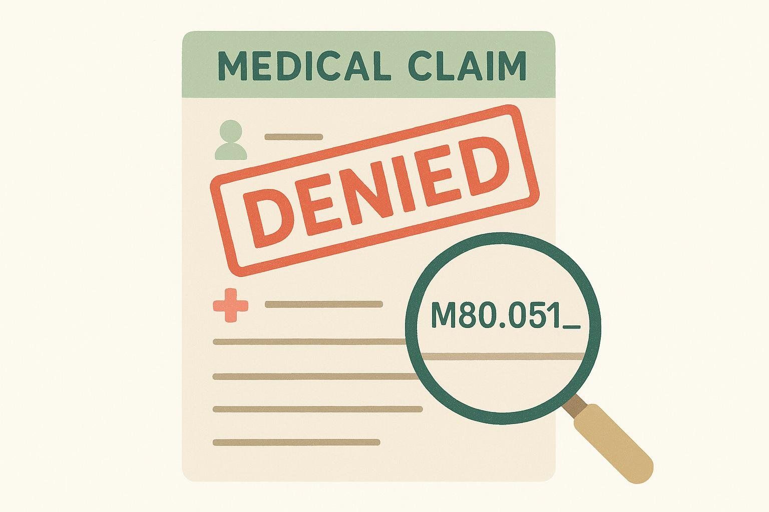 Illustration of a denied medical claim with a magnifying glass highlighting the ICD-10 code M80.051_ which is missing the 7th character.