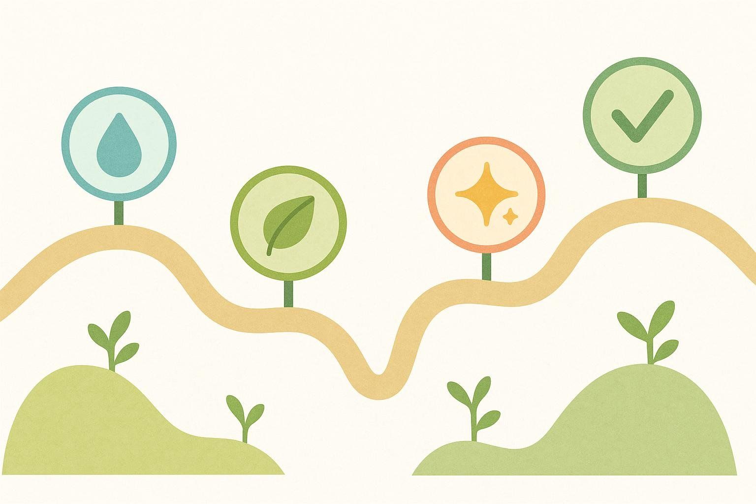 An illustration of a four-week timeline for a glow-up challenge, with icons for each week's theme: a water droplet, a leaf, a sparkle, and a checkmark, arranged along a winding path with small hills and sprout illustrations.