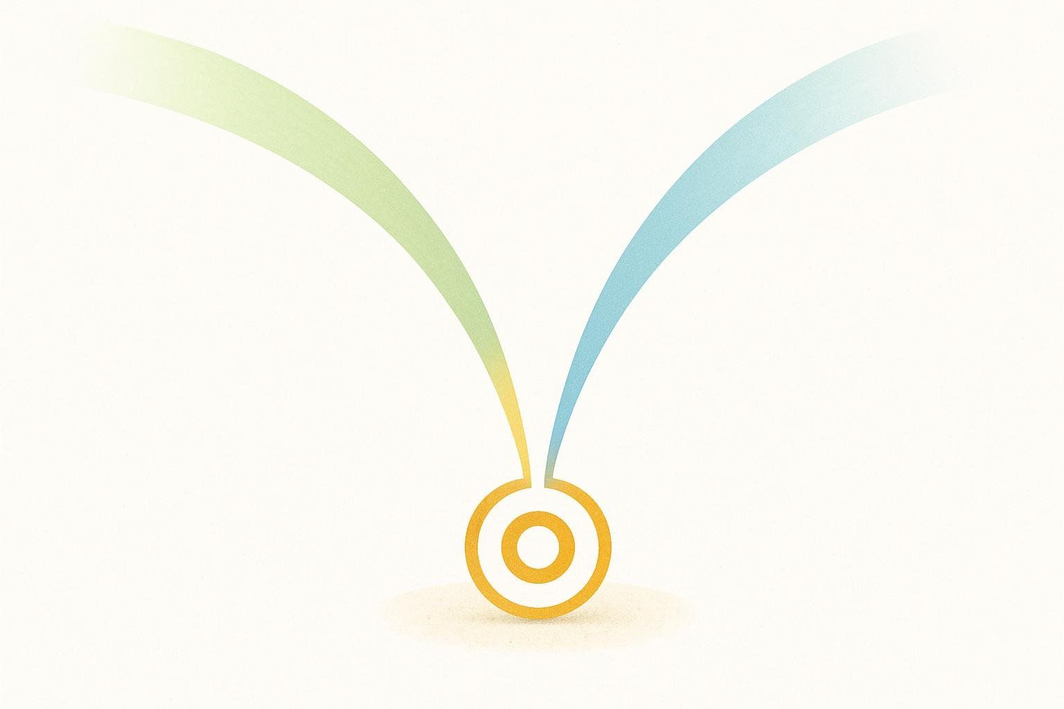 An abstract illustration showing two different colored streams, one green and one blue, converging on a central yellow target, representing the dual-agonist action of Tirzepatide.