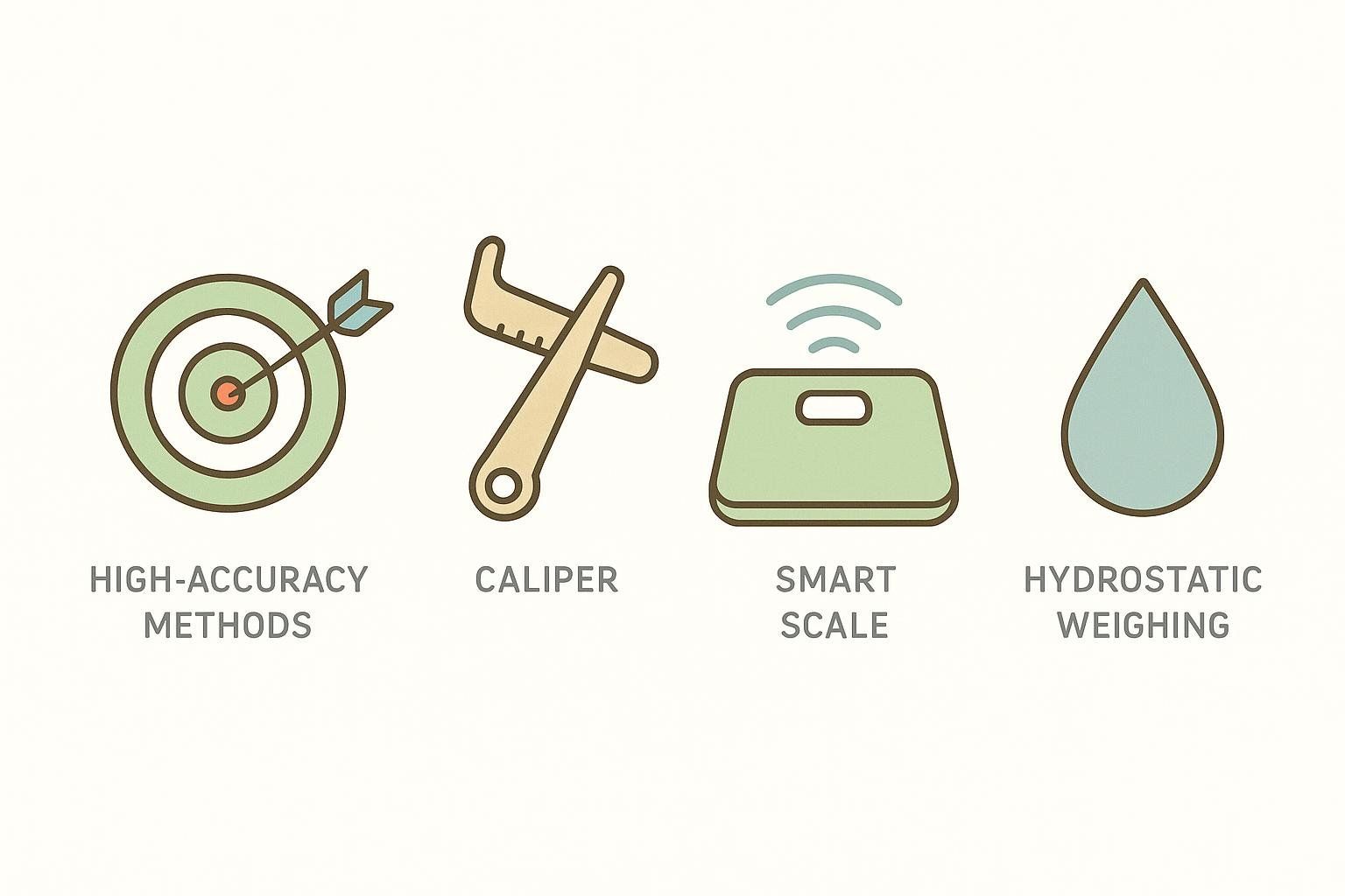Icons representing four body fat measurement methods: high-accuracy scans (target with arrow), skinfold calipers (caliper tool), smart scales (scale with radio waves), and hydrostatic weighing (water drop).