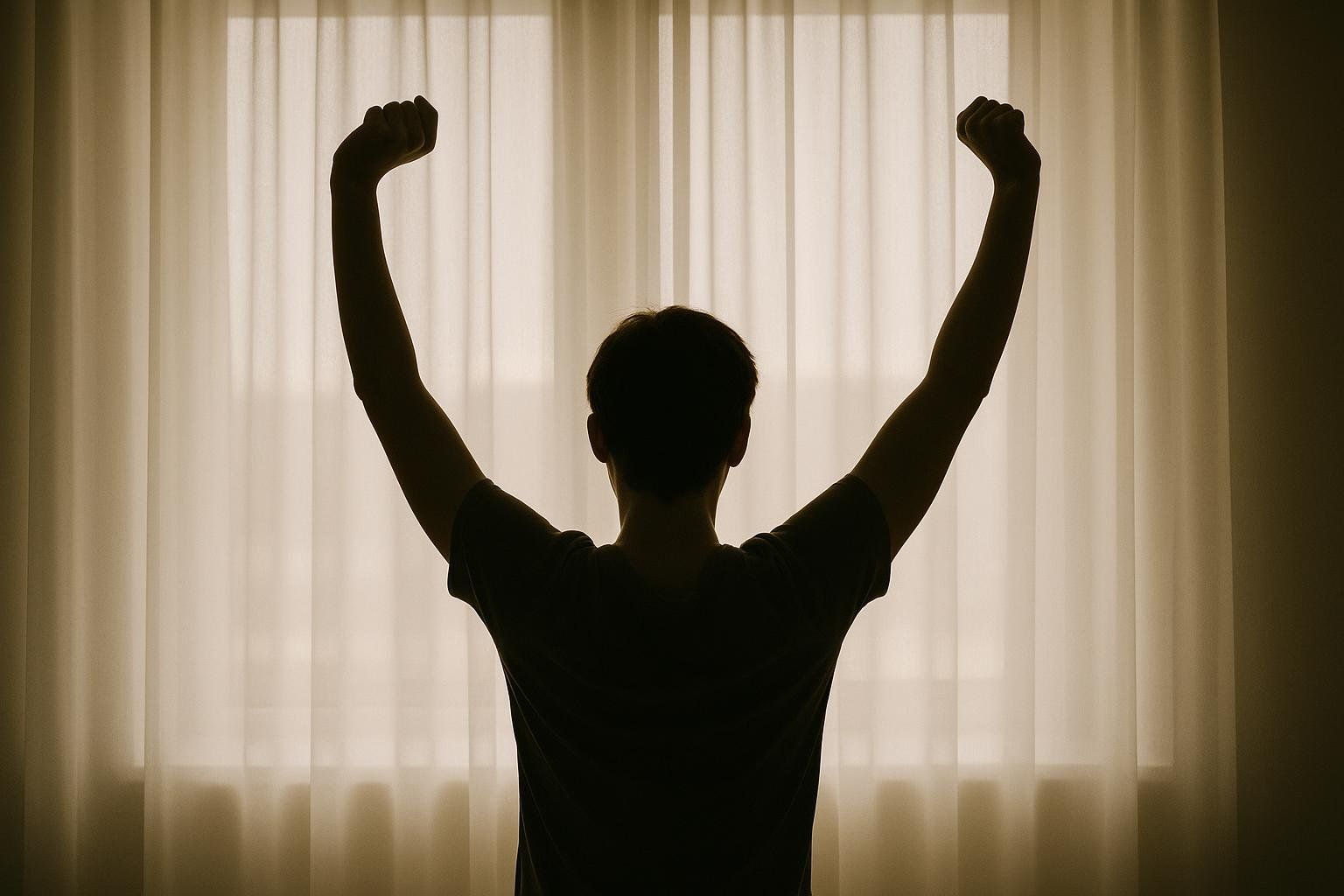 A serene photo of a person stretching by a window in the morning, symbolizing the importance of sleep and stress management for health.