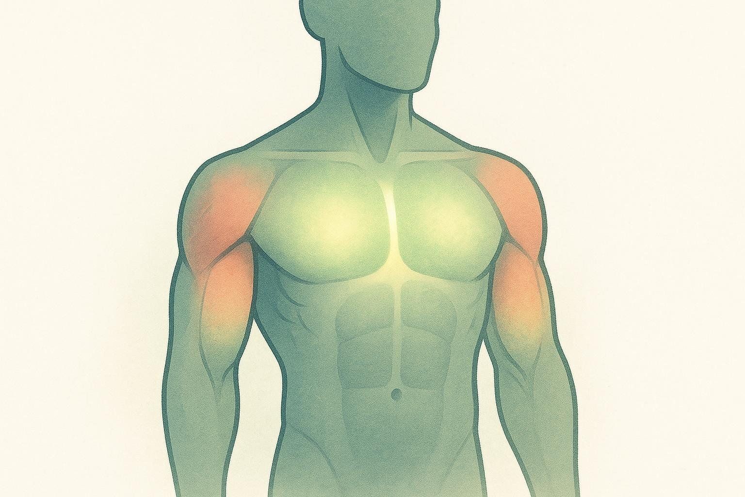 An anatomical illustration of a male torso, with the chest and shoulder muscles highlighted in bright yellow and orange, representing the muscle groups targeted in a 'push' workout. The triceps muscles are also subtly highlighted.