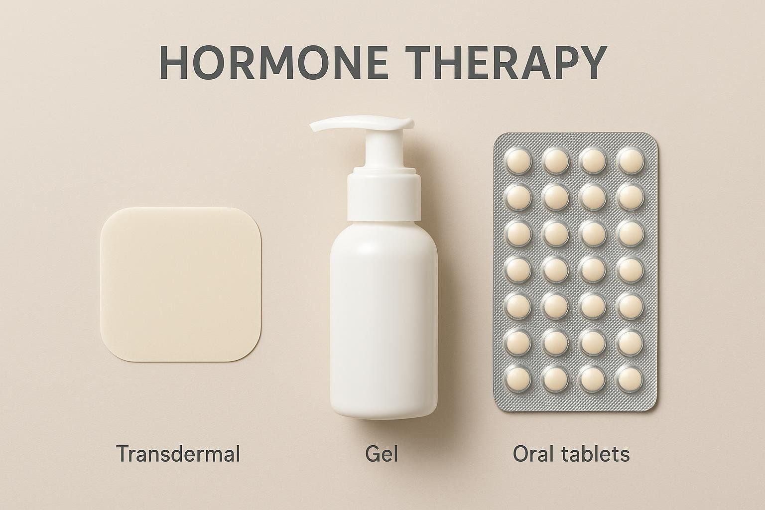 A flat-lay arrangement showcasing three types of hormone therapy: a square transdermal patch, a white bottle of gel with a pump dispenser, and a silver blister pack of oral tablets, all on a neutral-colored surface. The image is labeled 'HORMONE THERAPY' at the top, and each item is labeled 'Transdermal', 'Gel', and 'Oral tablets' respectively.