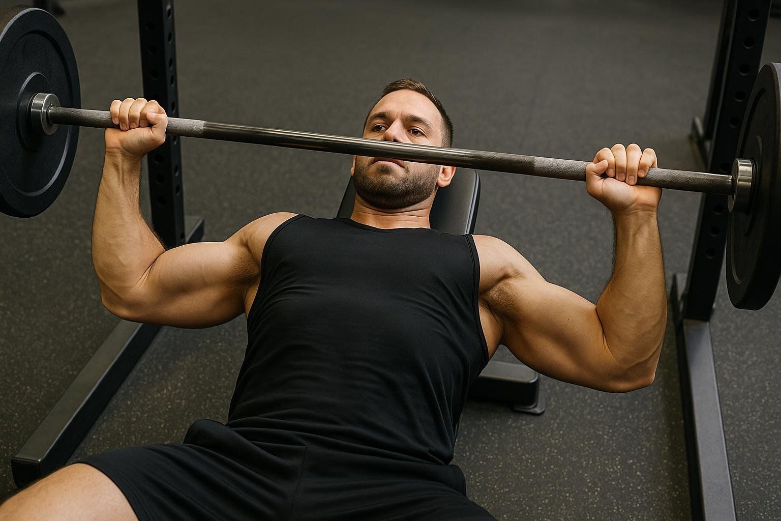 An athlete with a wide grip at the bottom of a flat barbell bench press, showing strong arm and chest muscles.
