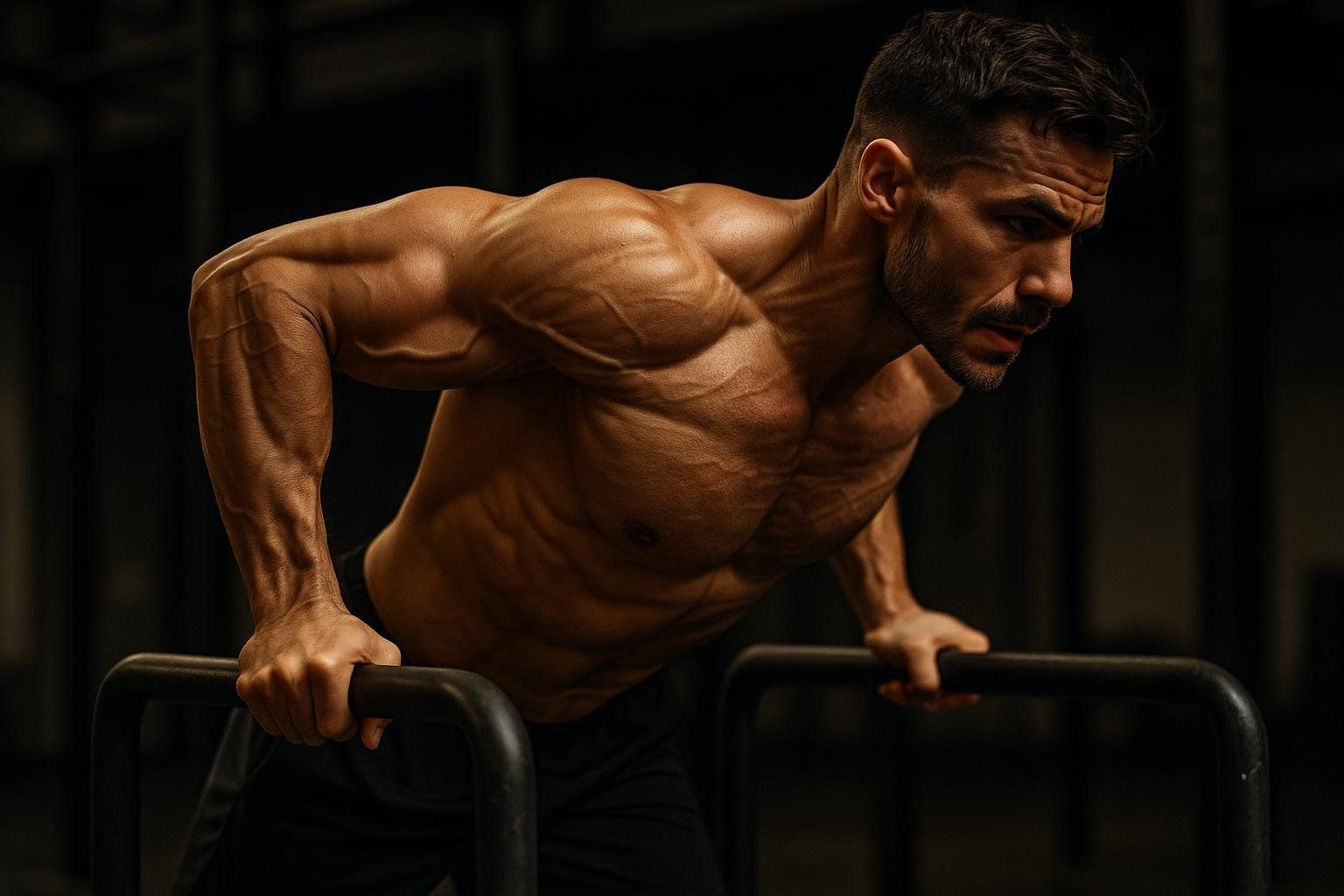 A muscular, shirtless man with a focused expression performing a chest-focused dip exercise on parallel bars. His muscles are defined, indicating intense physical effort.
