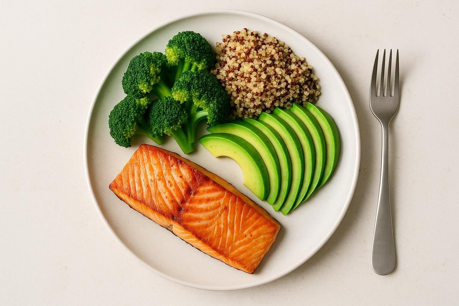 A top-down view of a healthy plate featuring a cooked salmon fillet, a serving of quinoa, sliced avocado, and broccoli florets, next to a silver fork.