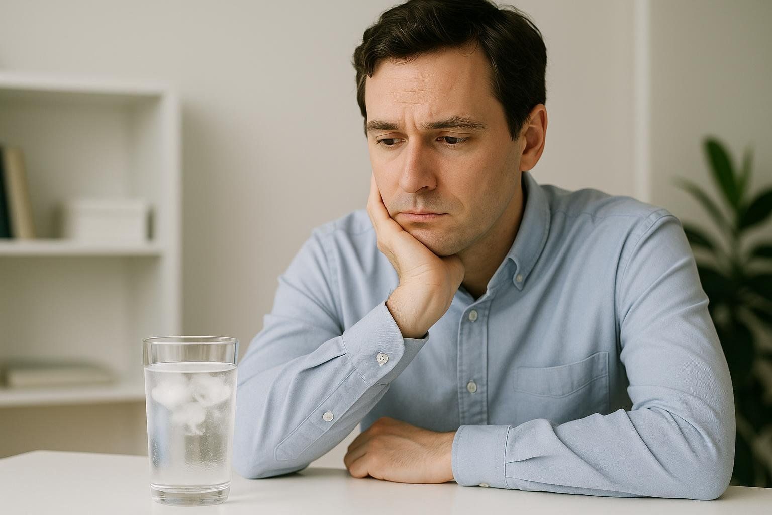 A pensive man with dark hair and a light blue shirt rests his chin on his hand, looking down at a glass of ice water on a white table. He appears to be deep in thought.