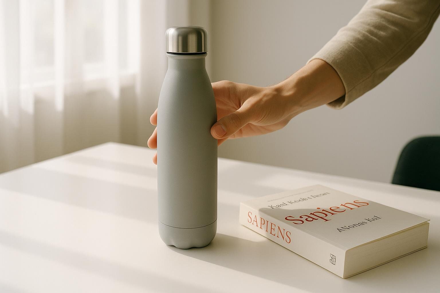 Hand reaching for a gray water bottle next to a copy of the book Sapiens, suggesting hydration and reading are important for a healthy lifestyle.