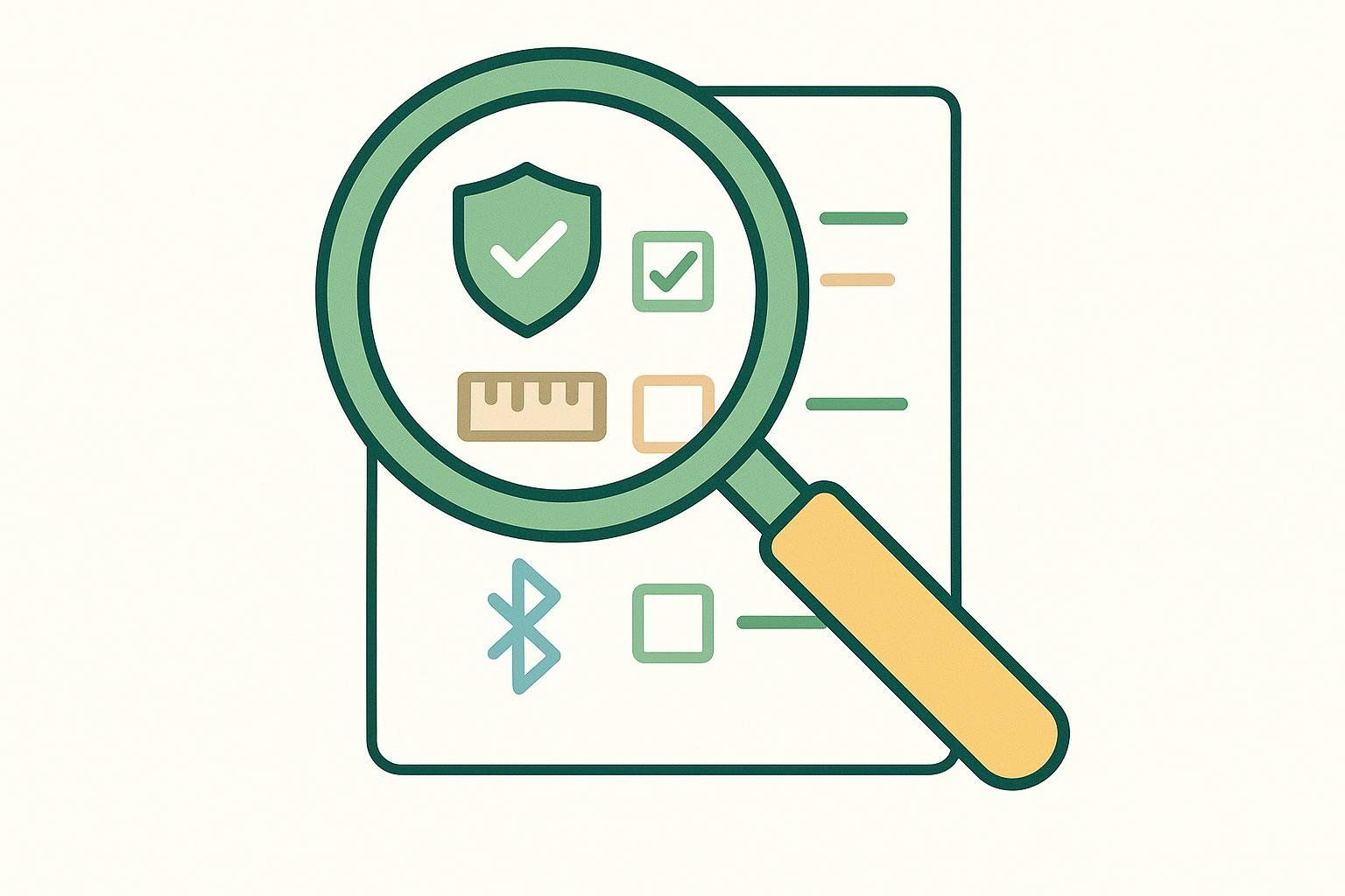 An illustration of a magnifying glass enlarging parts of a checklist, with icons for a shield with a checkmark, a ruler, a Bluetooth symbol, and other placeholder lines and boxes, representing key device specifications like validation, measurement range, and connectivity.