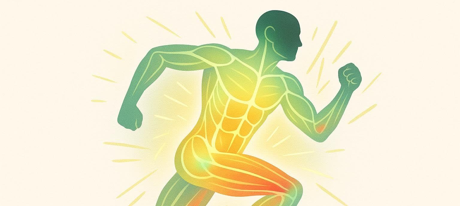 An abstract illustration of a person running, with their muscles glowing and radiating light, symbolizing power or energy.