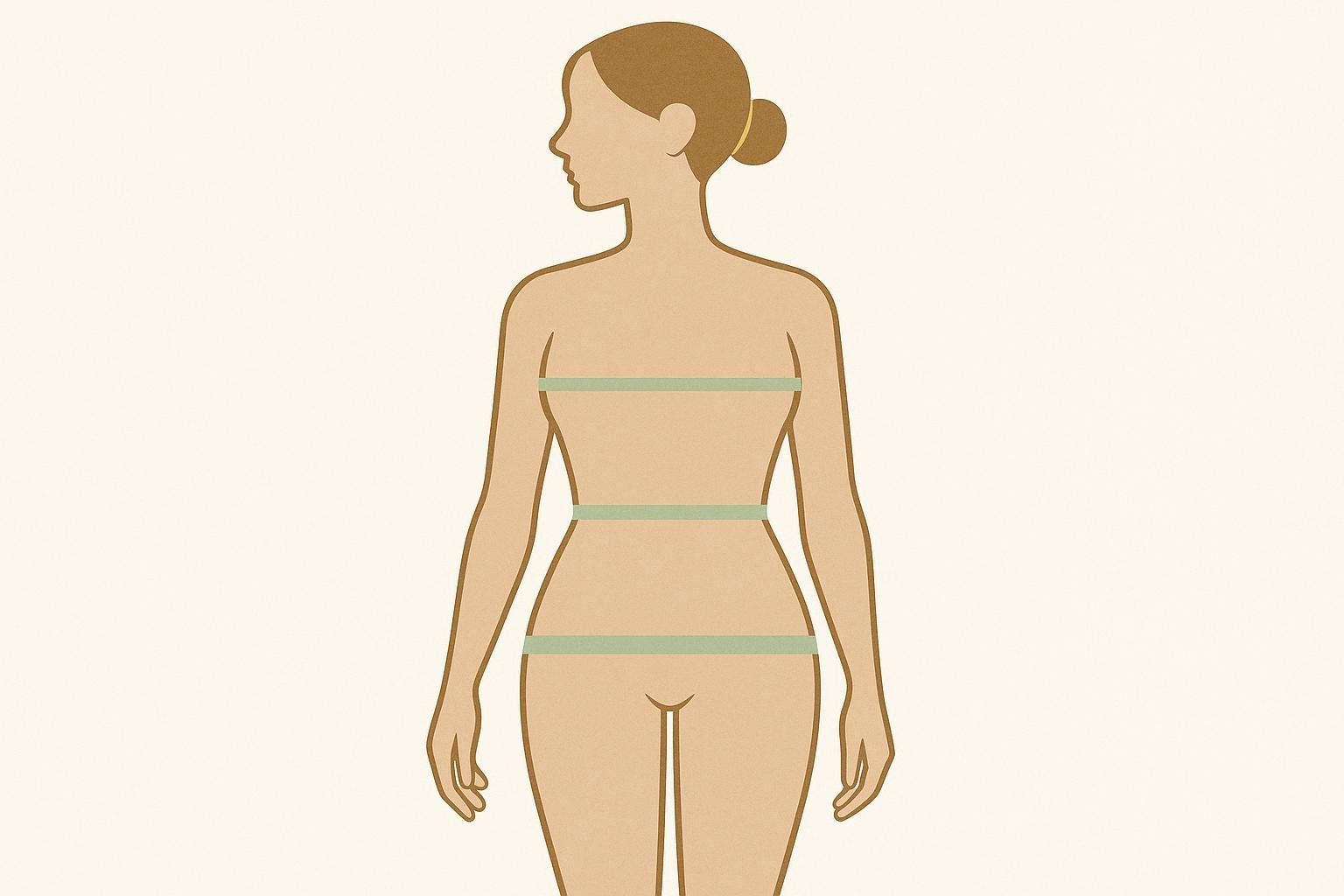 An illustration showing three key measurement points on a female silhouette from the back: bust, waist, and hips, marked by light green horizontal bands.