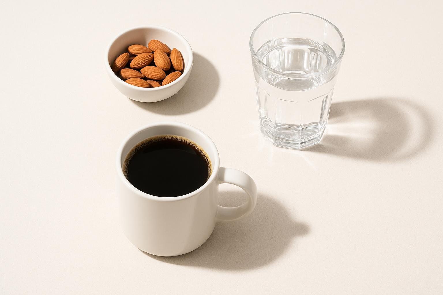 A white mug of black coffee, a glass of water, and a small bowl of almonds are neatly arranged on a light-colored surface, suggesting a thoughtful approach to enhancing focus and energy.