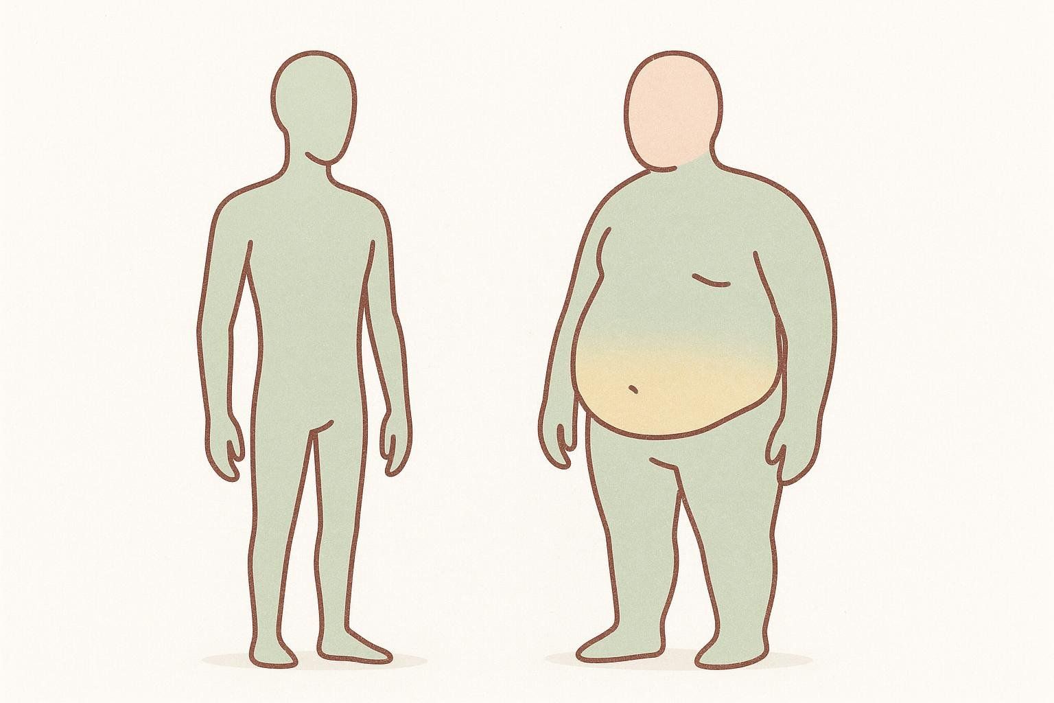 An illustration comparing a thin person with underdeveloped muscle to an overweight person.