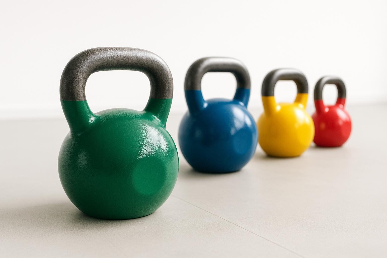 A set of colorful kettlebells on a gym floor, representing resistance training to build and maintain bone density.