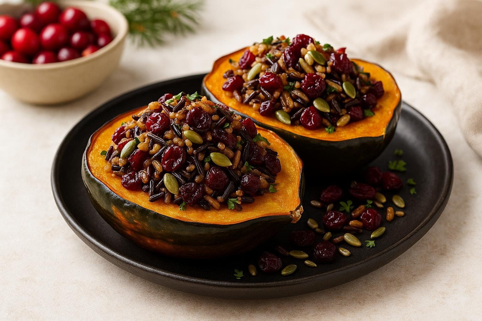 Two halves of roasted acorn squash filled with a wild rice, cranberry, and pumpkin seed stuffing, garnished with parsley, on a black plate. A bowl of cranberries and a pine branch are out of focus in the background.