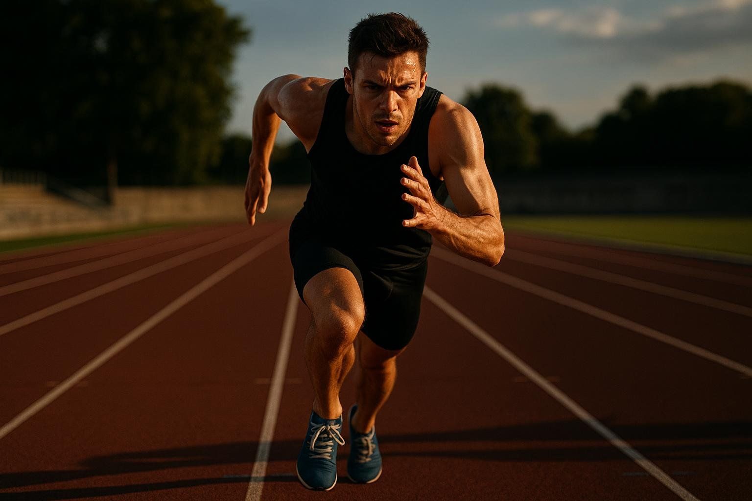 A male runner in a black tank top and shorts performs a maximal effort time trial on a track, looking intensely forward.