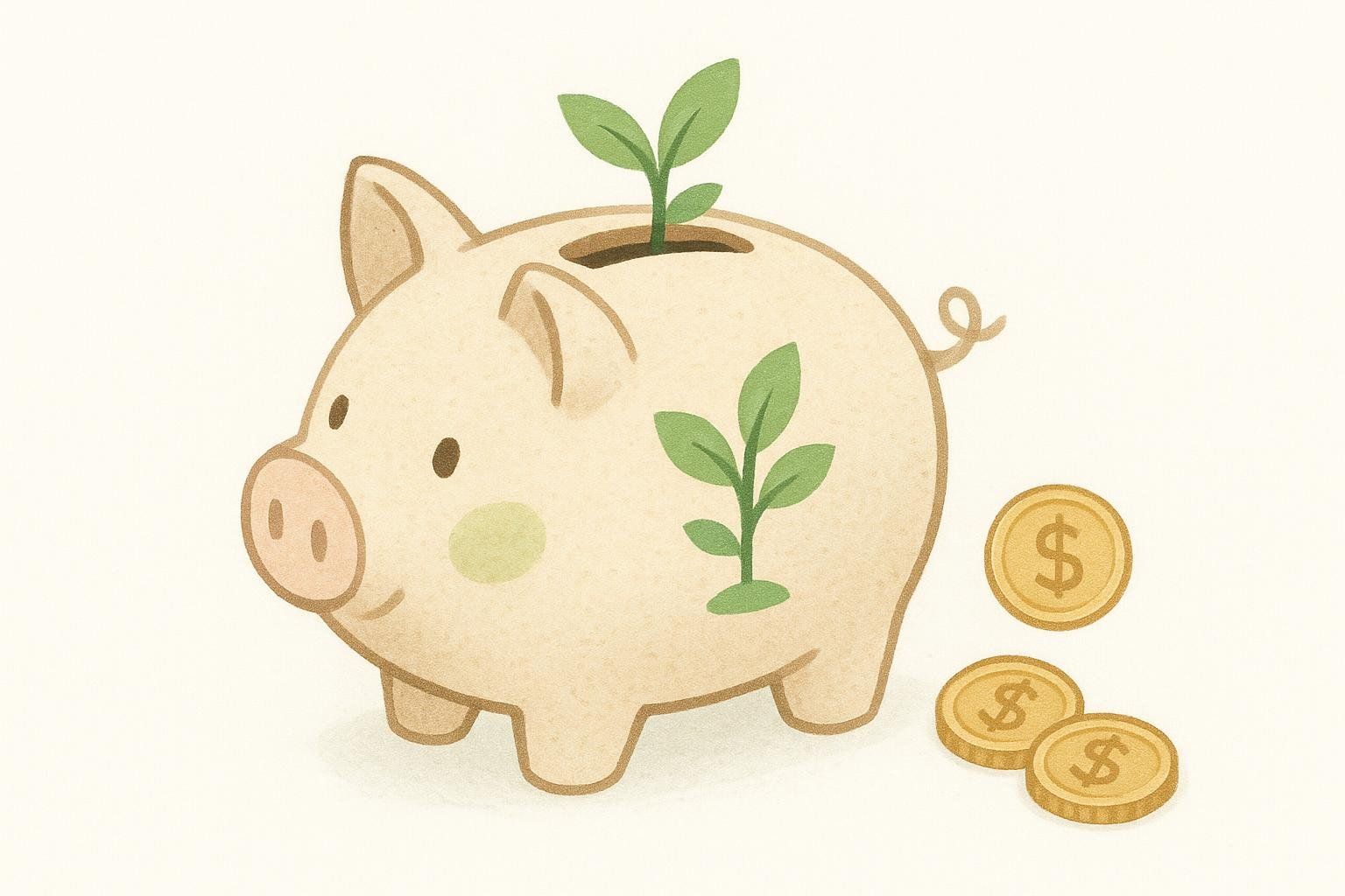 Illustration of a piggy bank with a sapling growing out of the coin slot and another sapling growing on its side, symbolizing investment or growth.