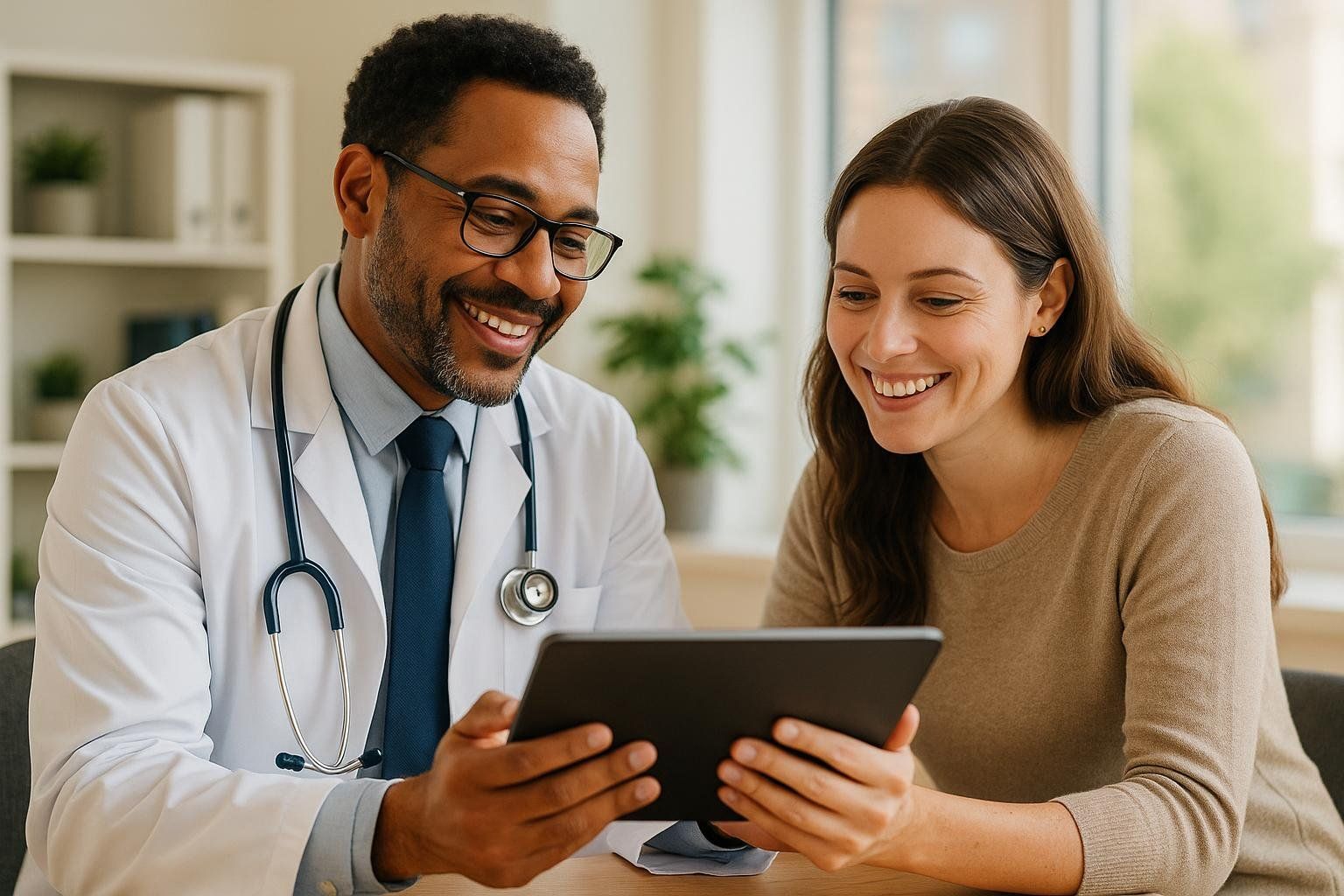 A smiling male clinician in a white lab coat and stethoscope shows a tablet to a smiling female patient with long brown hair, both looking at the screen.