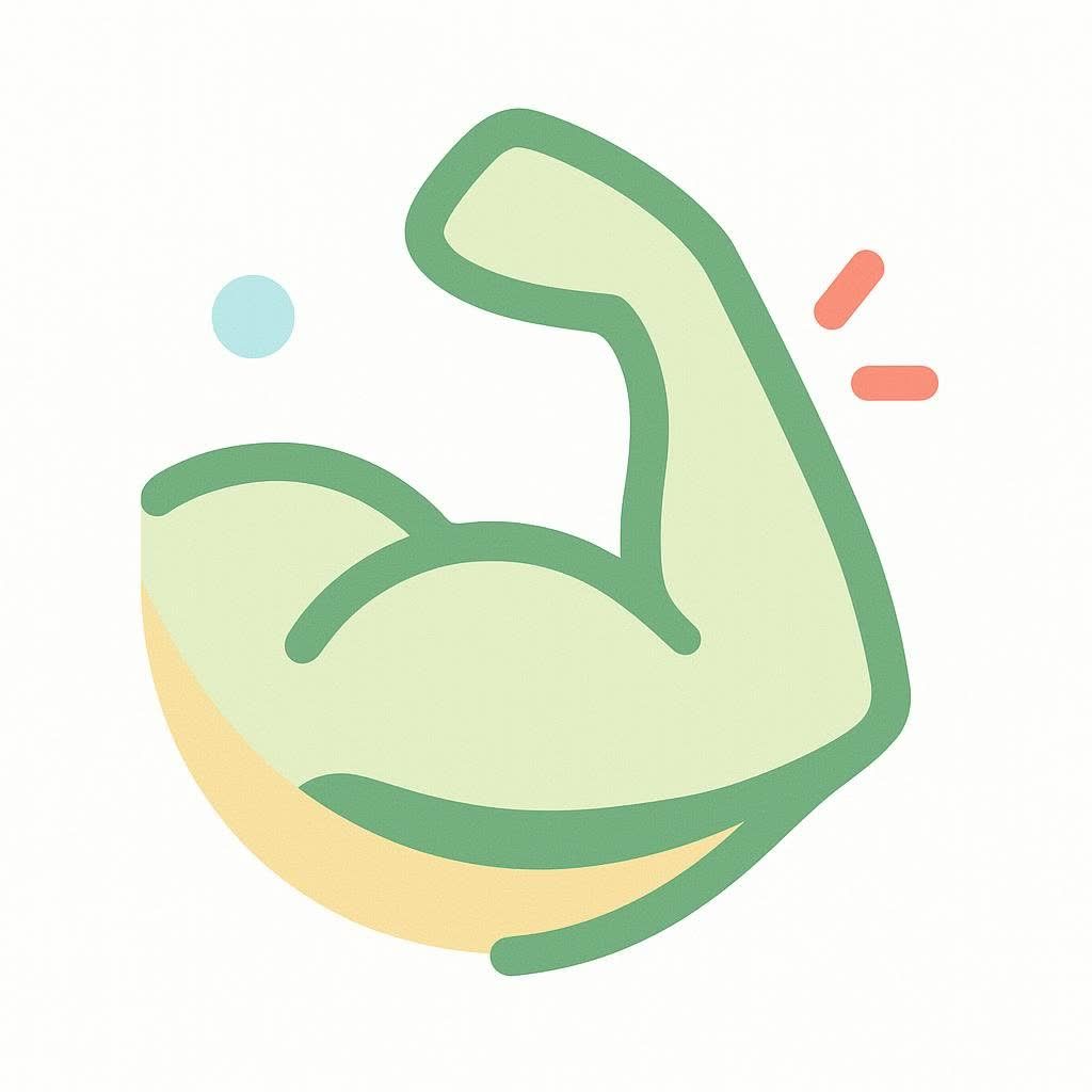Abstract icon symbolizing muscle strength and growth, with a flexing arm, a blue circle, and red dashes.