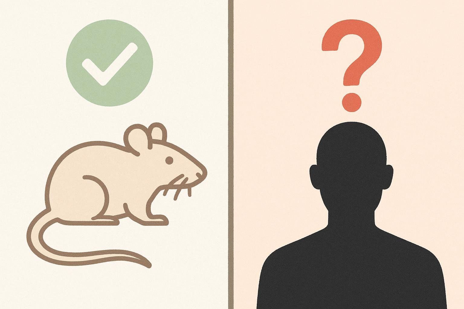 A diagram showing a checkmark for animal studies on BPC-157 but a question mark for human studies, highlighting the lack of human evidence.