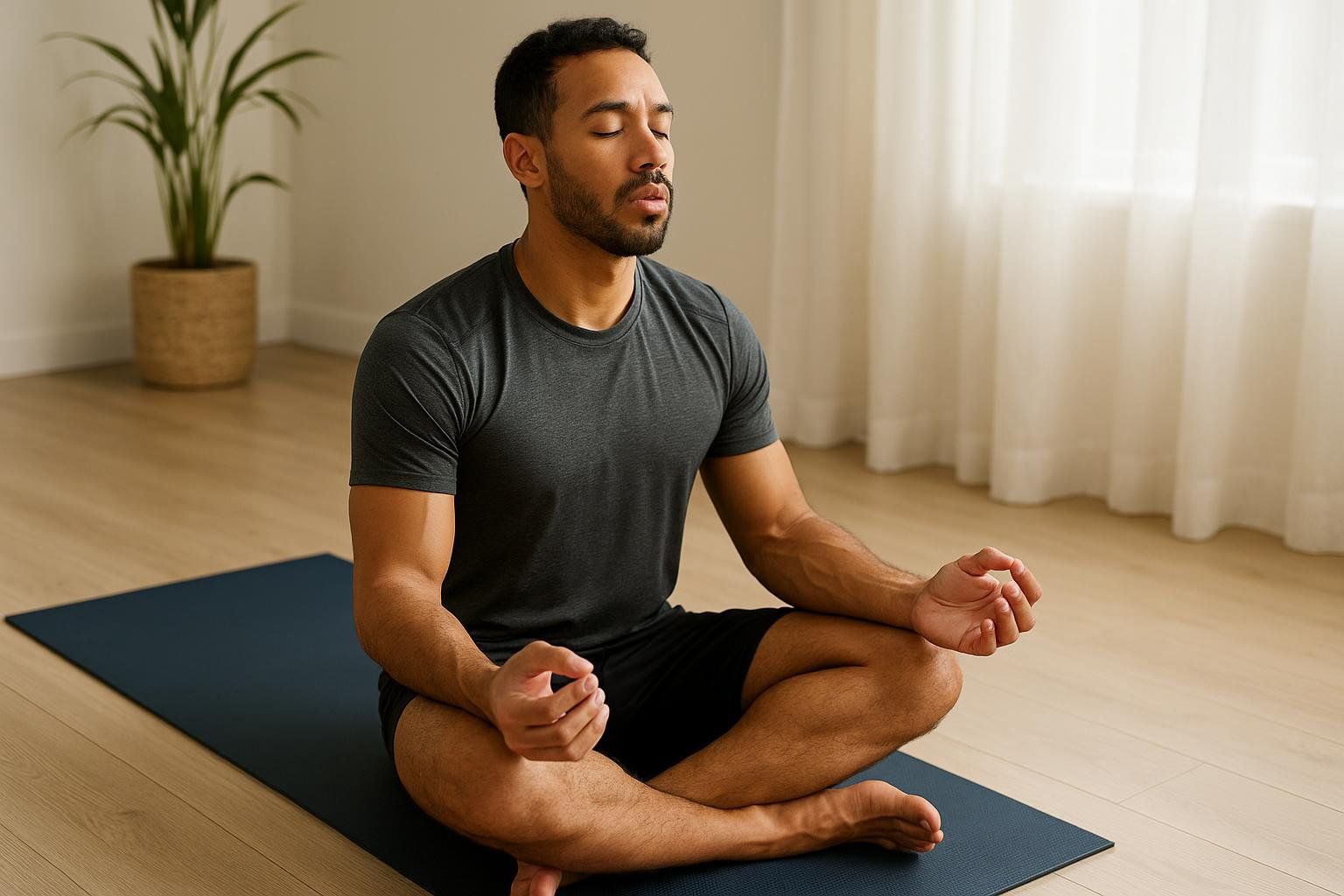 A man in athletic wear is meditating peacefully in a lotus position on a yoga mat, with his eyes closed and hands resting on his knees. A potted plant and white curtains are visible in the background.
