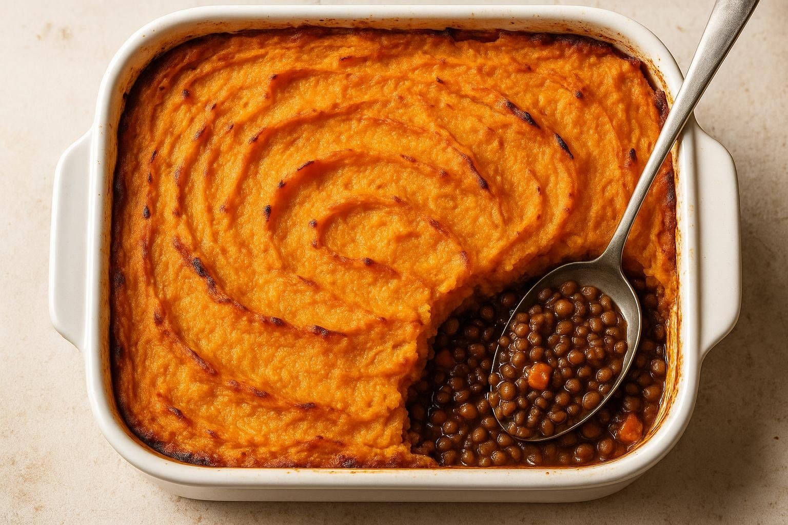 A family-style baking dish of lentil shepherd's pie with a vibrant orange sweet potato mash topping. A spoon has scooped out a portion, revealing the lentil base.