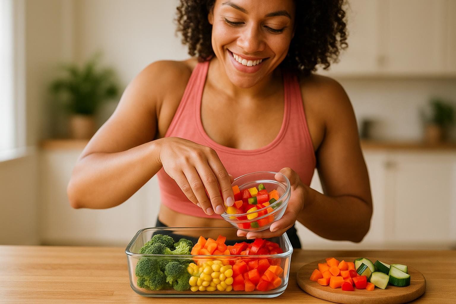 A smiling woman with curly hair, wearing a pink athletic top, is preparing a meal. She is holding a small bowl of diced colorful vegetables (red, yellow, green) and adding them to a larger rectangular glass container filled with organized sections of broccoli, corn, and diced red and orange vegetables. A cutting board with diced carrots and cucumbers is also visible on the wooden table.