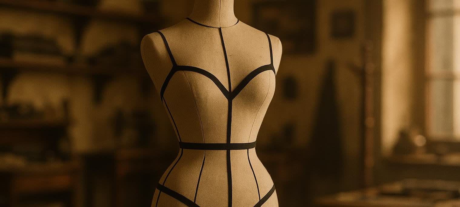 An antique tailor's mannequin displays the ideal hourglass proportions with a ribbon marking the bust, waist, and hips.